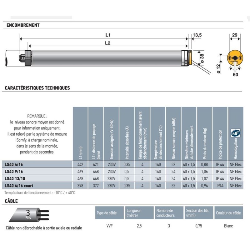LS 40 MARS 9/16 1023336Moteur Filaire LS 40Somfy