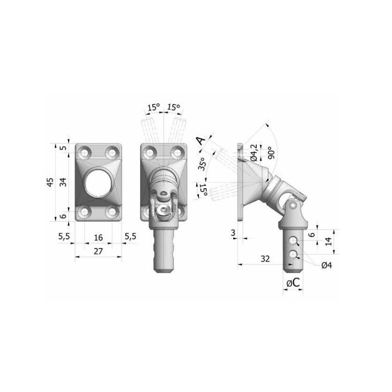 Sortie de caisson 45° 27X45-Nickelée-4T- Carré de 8 mm 816F121003Carré de 8GEIGER